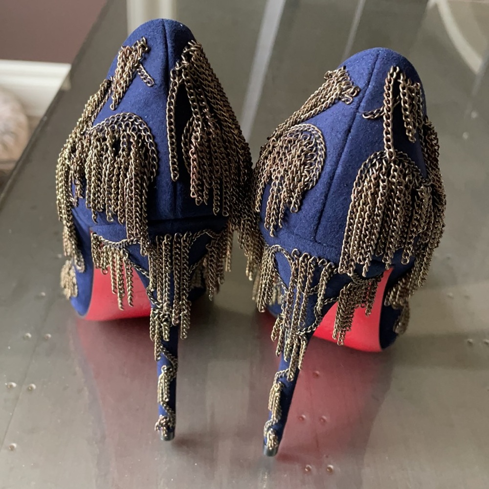 Christian louboutin dollyparty navy satin chain stiletto sz 38 120mm $2495 - Picture 5 of 9